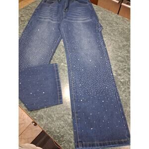 Bling Rhinestone Carpenter Cargo Wide Leg Jeans Womens XS High Rise Med Wash